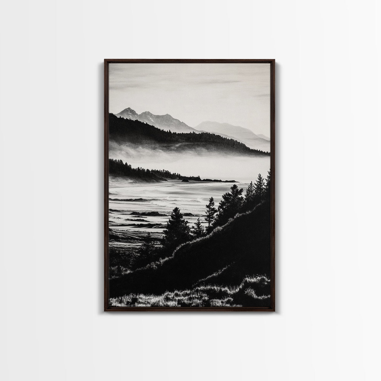 Misty Mountain, Black White Wall Art, Landscape Painting, Nature Artwork, Modern Home Decor, Minimalist Art, Framed Canvas Print