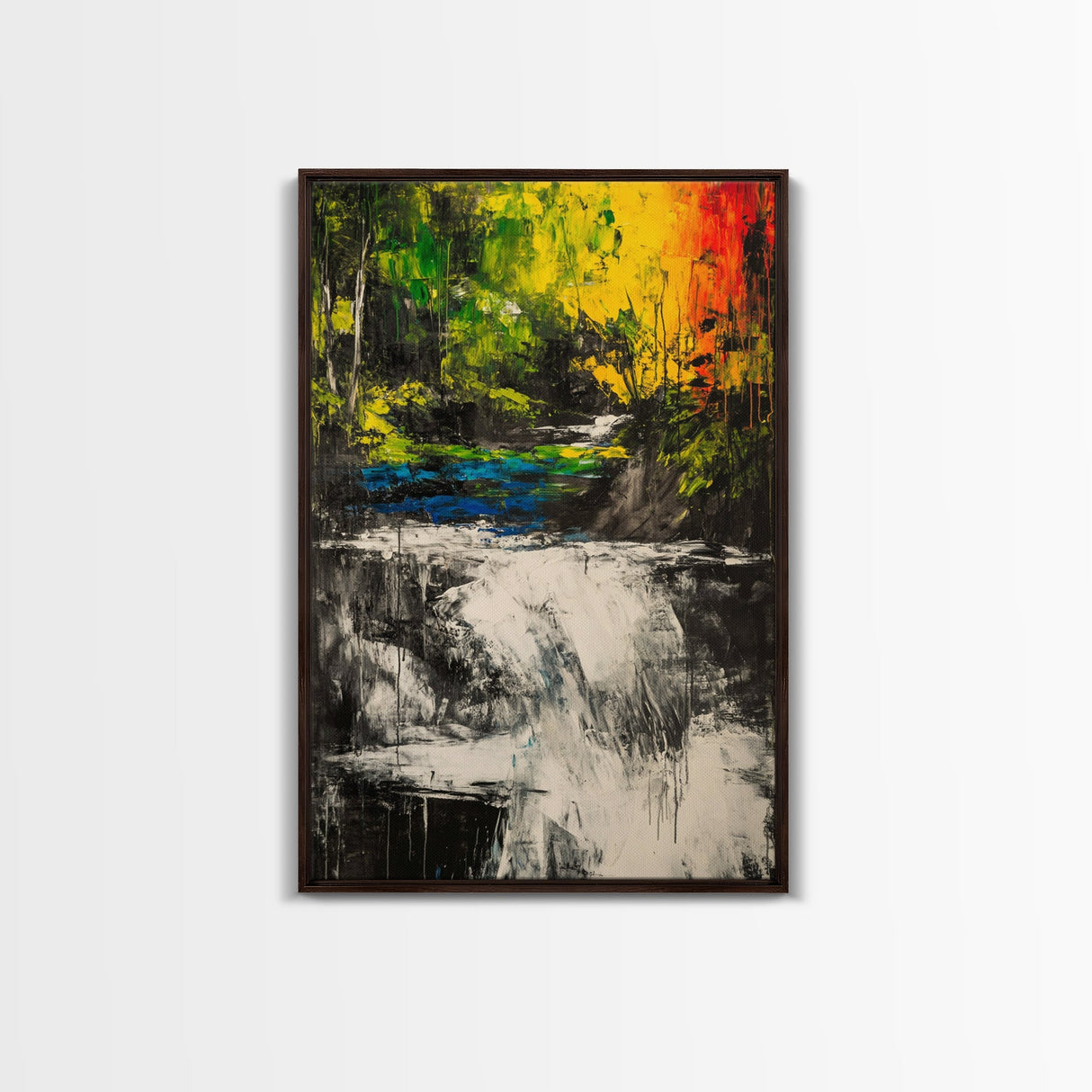 Waterfall Glow, Nature Art, Forest Landscape, Vibrant Painting, Modern Home Decor, Wilderness Retreat, Fall Wall Art, Framed Canvas Print