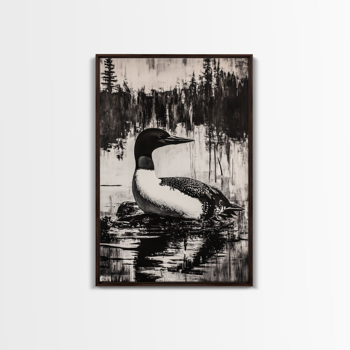 Loon, Lake Reflection, Nature Wall Art, Framed Canvas Print, Black and White Art, Minimalist Decor, Cabin Wall Art, Rustic Home