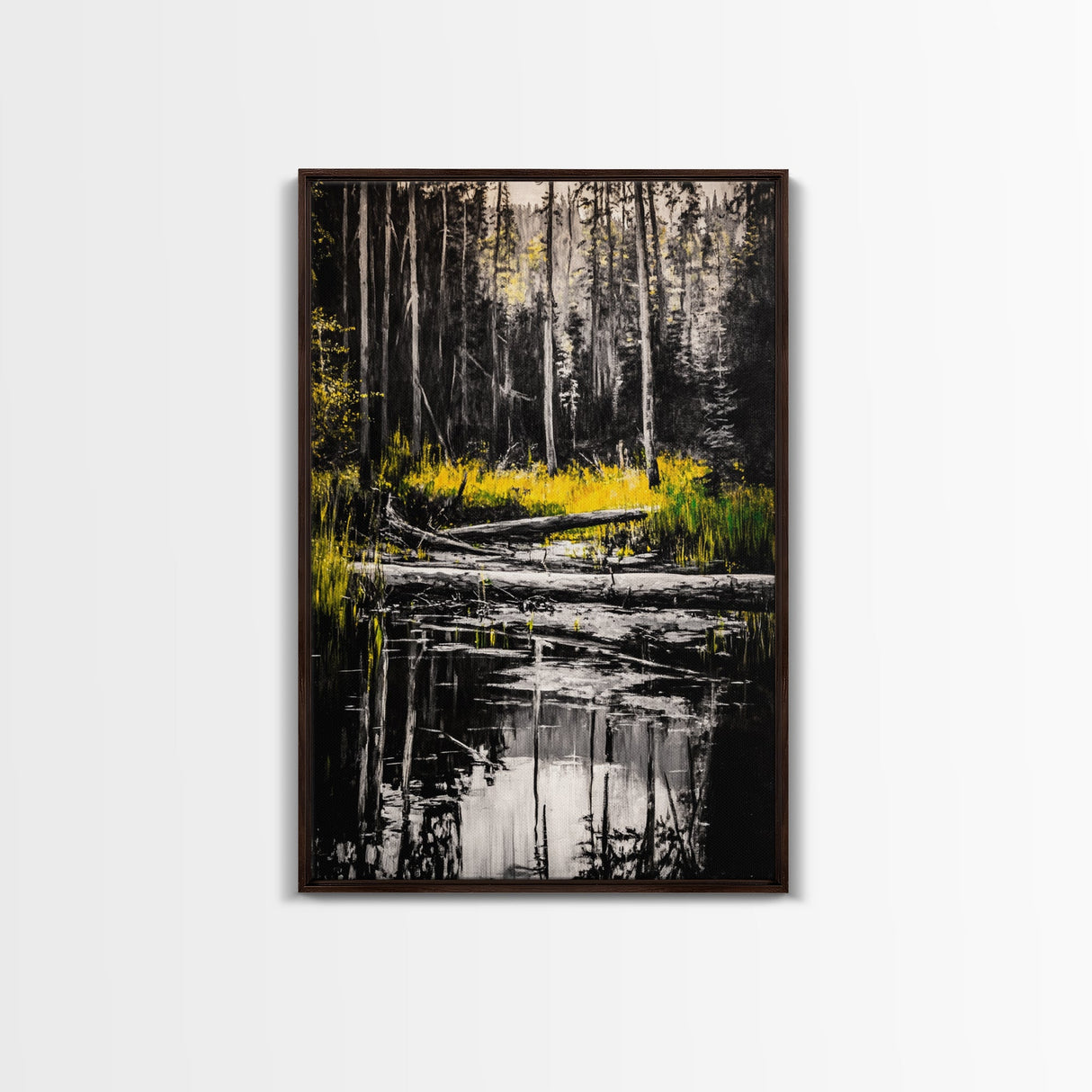Forest Reflection, Black and White Landscape, Rustic Home Art, Nature Inspired Painting, Cabin Wall Decor, Framed Canvas Print