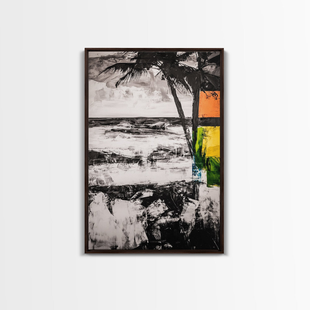 Palm Tree, Coastal Abstract, Beach Landscape, Framed Canvas Print, Tropical Wall Art, Black and White Painting, Modern Home Decor