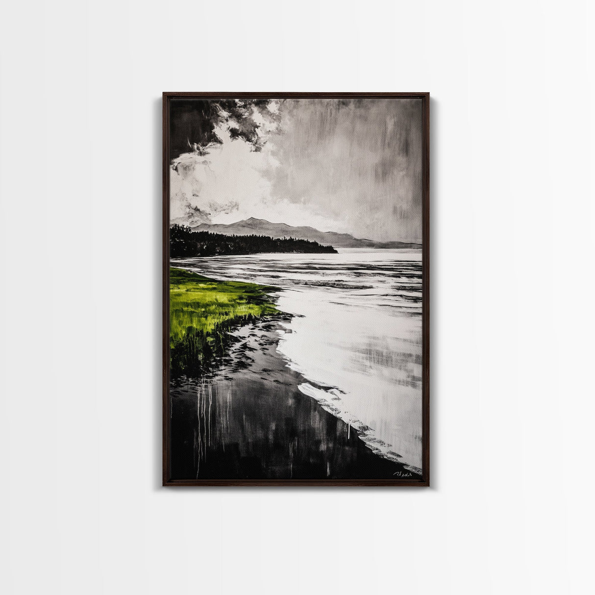 Moody Lake Scene, Black White Green, Framed Canvas Print, Nature Landscape Painting, Serene Wall Art, Contemporary Home Decor