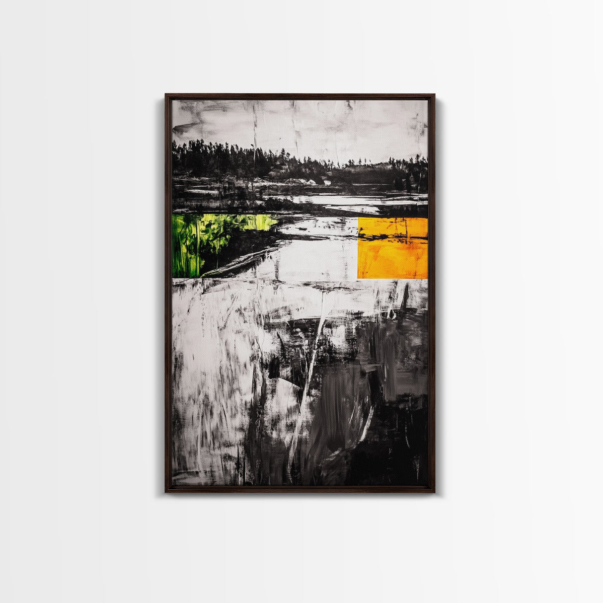 Minimalist Landscape, Abstract Nature, Modern Print, Contemporary Painting, Black and White, Green Accents, Framed Canvas Print, Bedroom Art