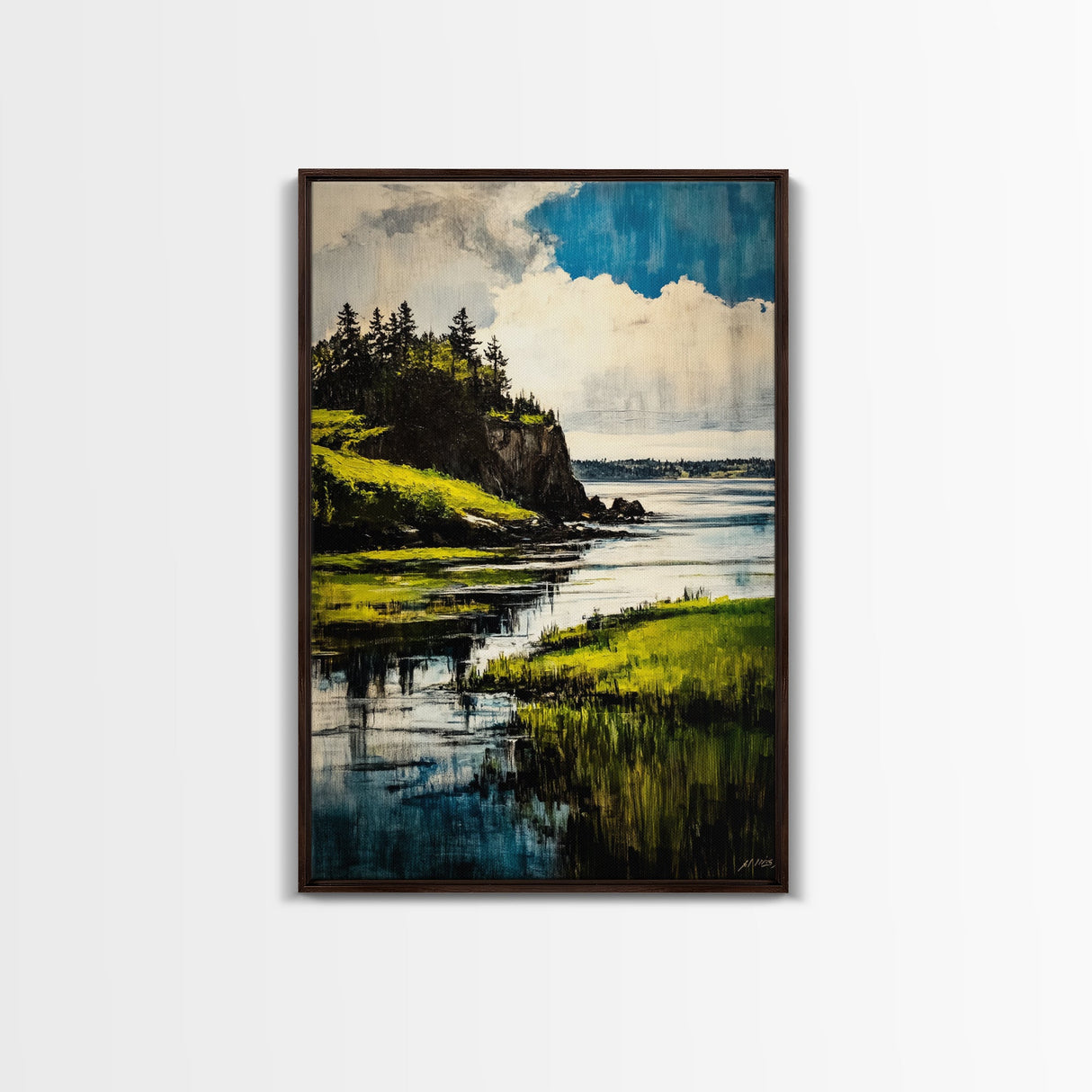 Lake Serenity, Peaceful Waters, Scenic Landscape, Nature Wall Art, Vibrant Green and Blue, Framed Canvas Print, Relaxing Home Decor