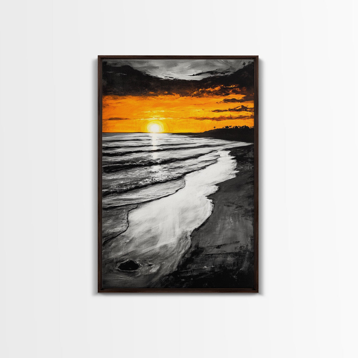 Golden Beach, Sunset Painting, Coastal Horizon, Framed Canvas Print, Seascape Art, Warm Fall Colors, Large Wall Art, Minimalist Style