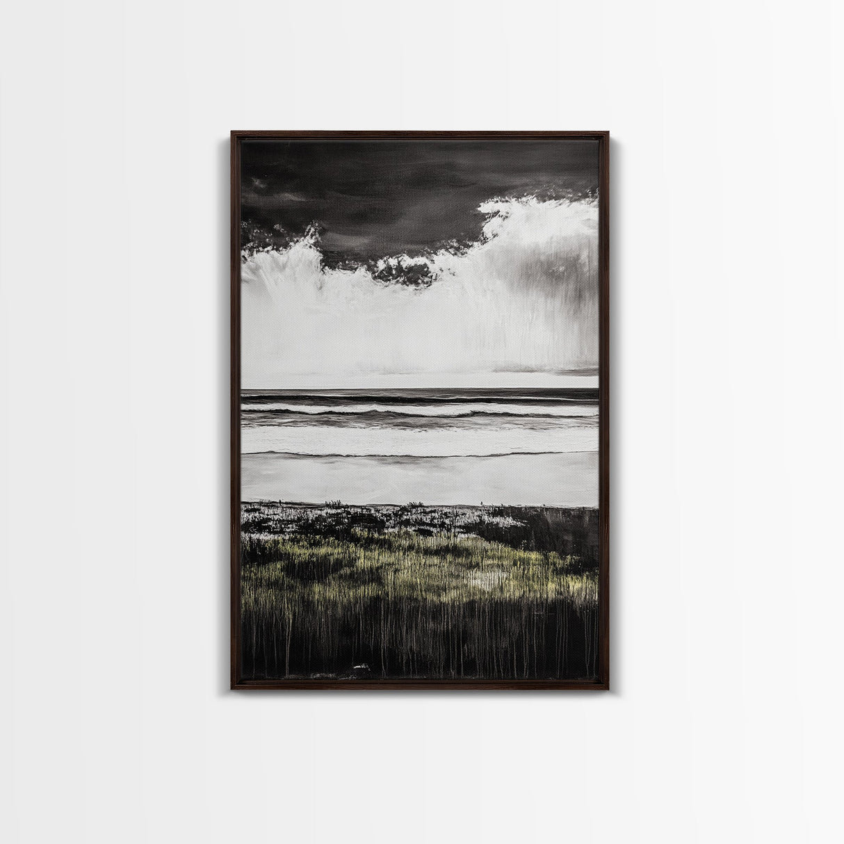 Stormy Beach, Coastal Wall Art, Black White Ocean, Framed Canvas Print, Dramatic Seascape, Nautical Home Decor, Modern Minimalist