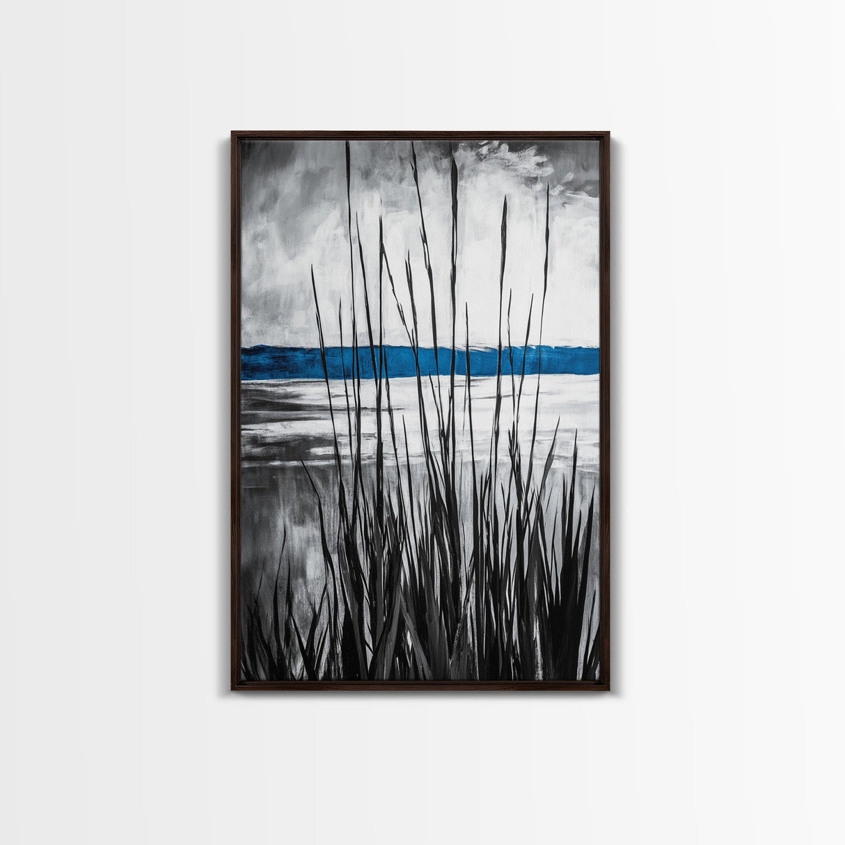 Tall Grass, Serene Lake View, Minimalist Coastal Art, Black White Landscape, Contemporary Home Decor, Canvas Print