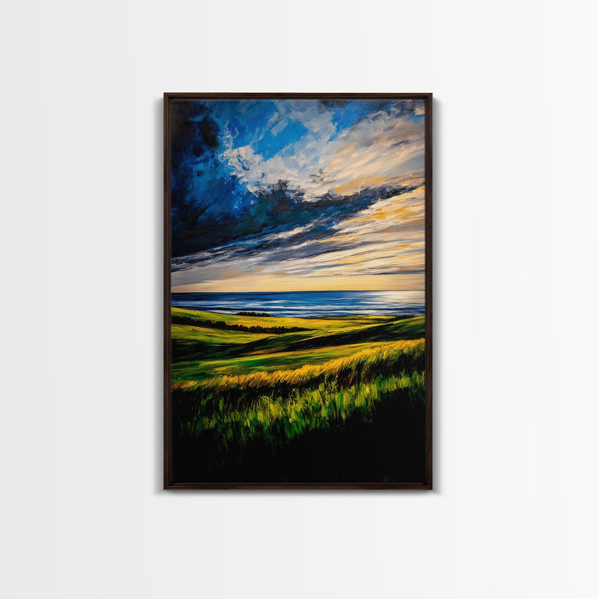Sunset Over Hills, Coastal Fields, Dramatic Sky, Nature Wall Art, Framed Canvas Print, Vibrant Home Decor, Rolling Landscape, Ocean View