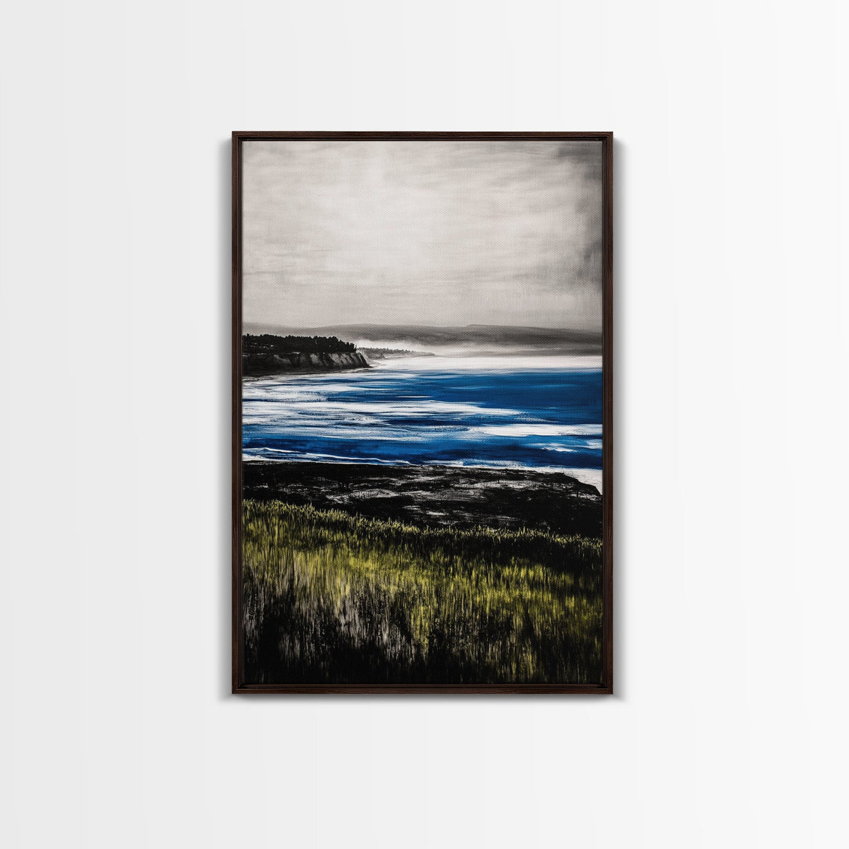 Misty Coast, Cliffside View, Ocean Horizon, Framed Canvas Print, Coastal Home Decor, Nautical Painting, Minimalist Wall Art