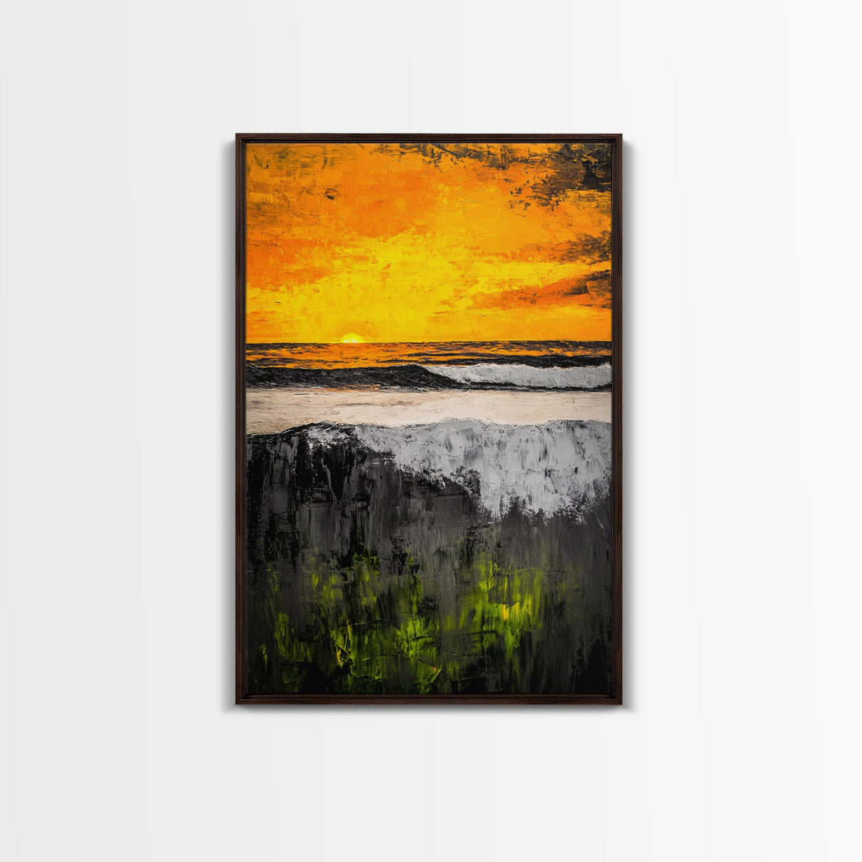 Fiery Sunset, Ocean Waves, Golden Sky, Framed Canvas Print, Tropical Beach Art, Coastal Decor, Living Room Wall Art, Bold Colors