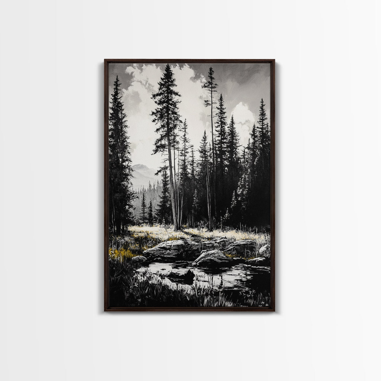 Forest Landscape Print, Black and White Tree Art, Cabin Wall Decor, Nature Inspired Art, Minimalist Scene, Framed Canvas Print