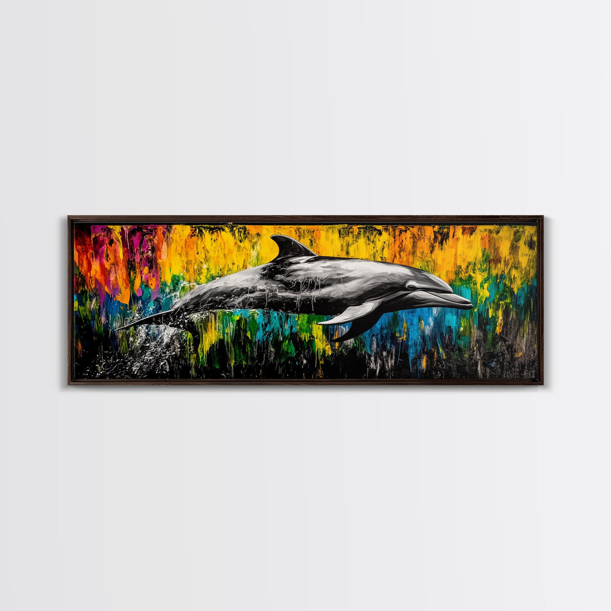 Dolphin Splash, Ocean Wildlife, Framed Canvas Print, Colorful Wall Art, Beach House Decor, Living Room Art, Vibrant Sea Life Painting