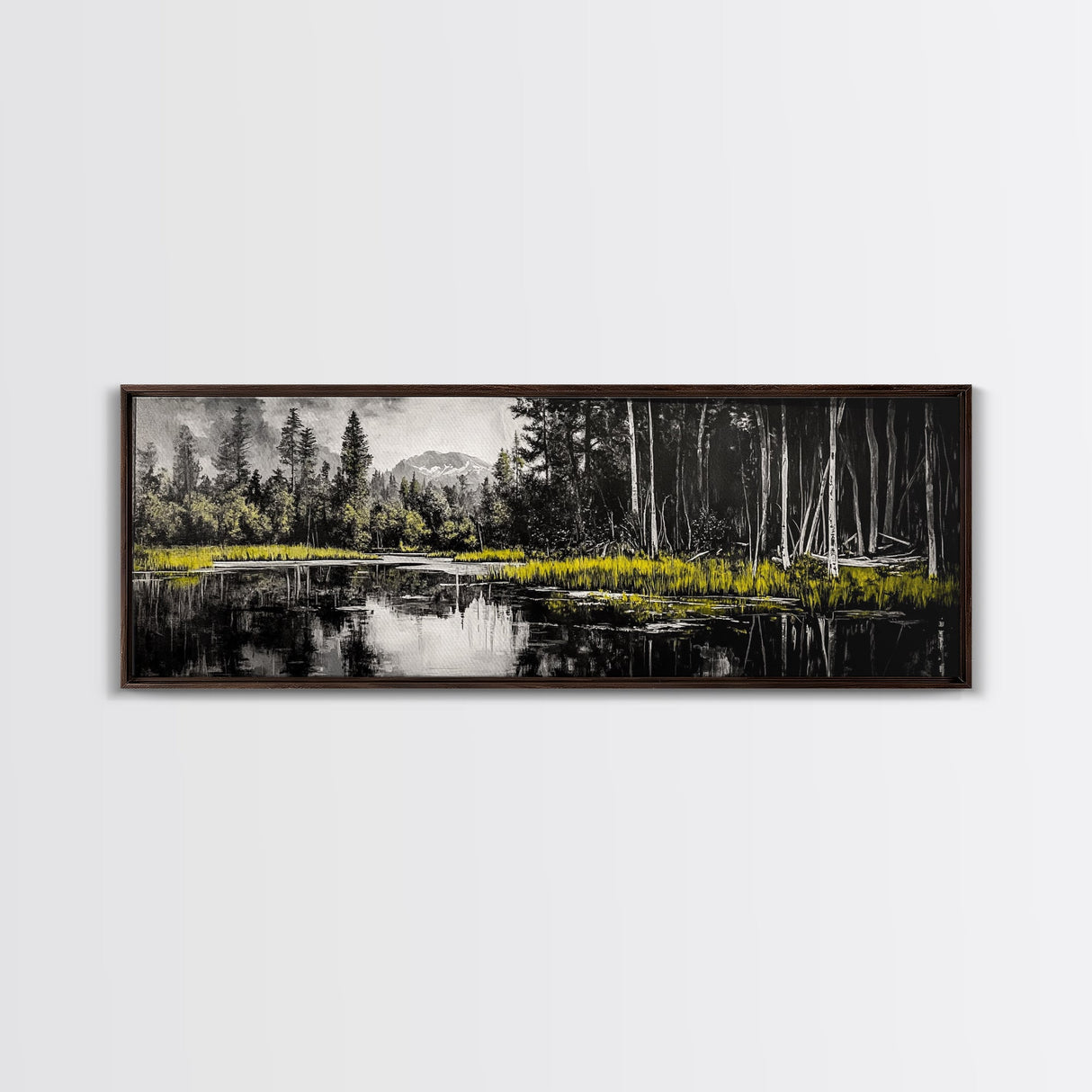 Misty Forest, Mountain Reflections, Black and White Nature Art, Framed Canvas Print, Living Room Decor, Wilderness Wall Art, Scenic Landscape