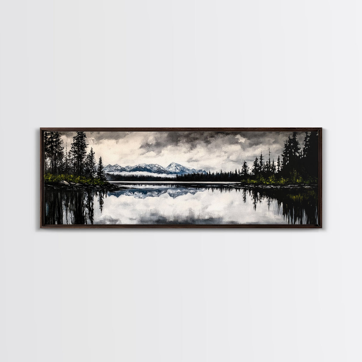 Mountain Reflection, Tranquil Lake Art, Black and White Landscape, Nature Inspired Decor, Framed Canvas Print, Cabin Wall Art, Moody Forest Scene