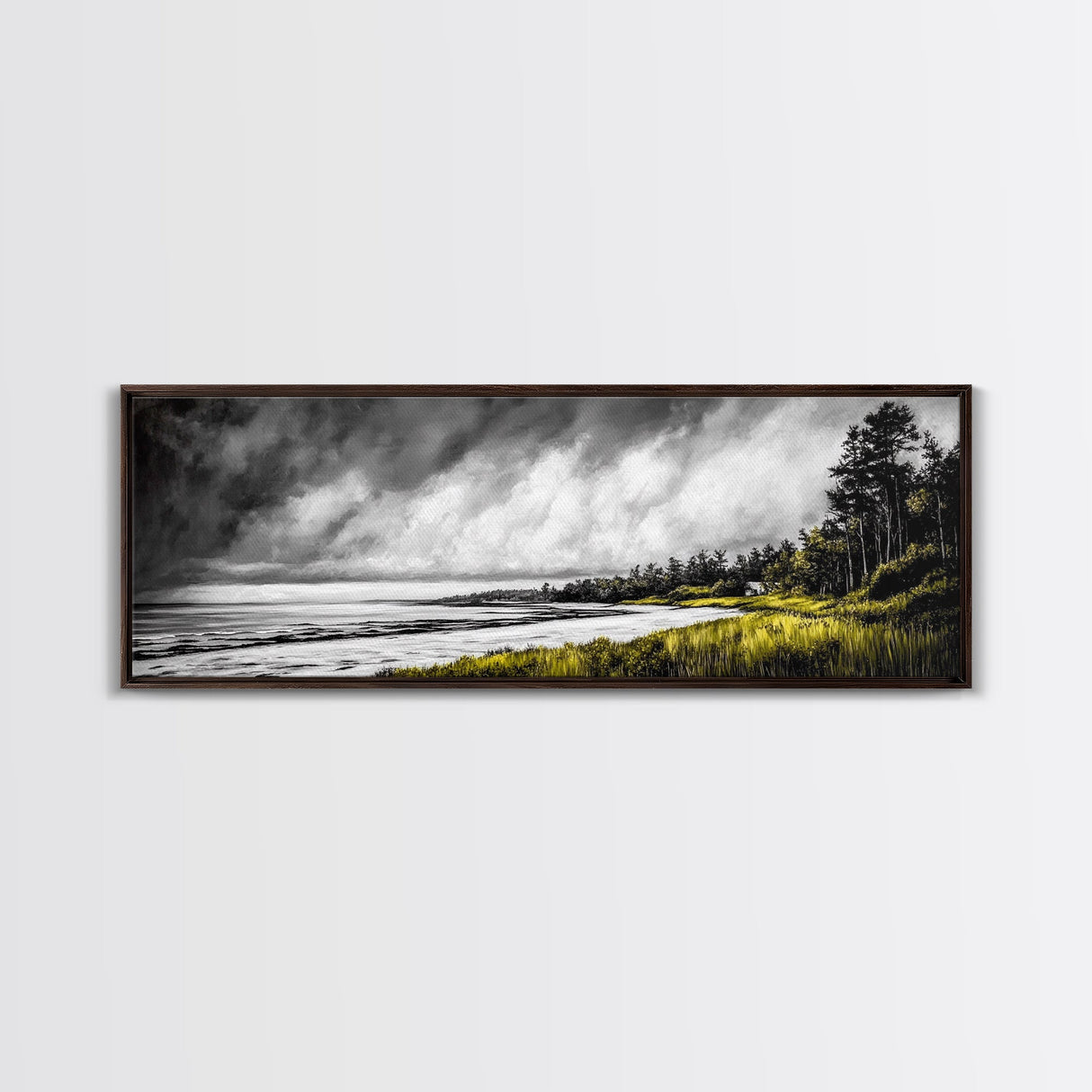 Stormy Coast, Dramatic Sky, Seaside Serenity, Framed Canvas Print, Black and White Art, Large Wall Decor, Living Room Statement