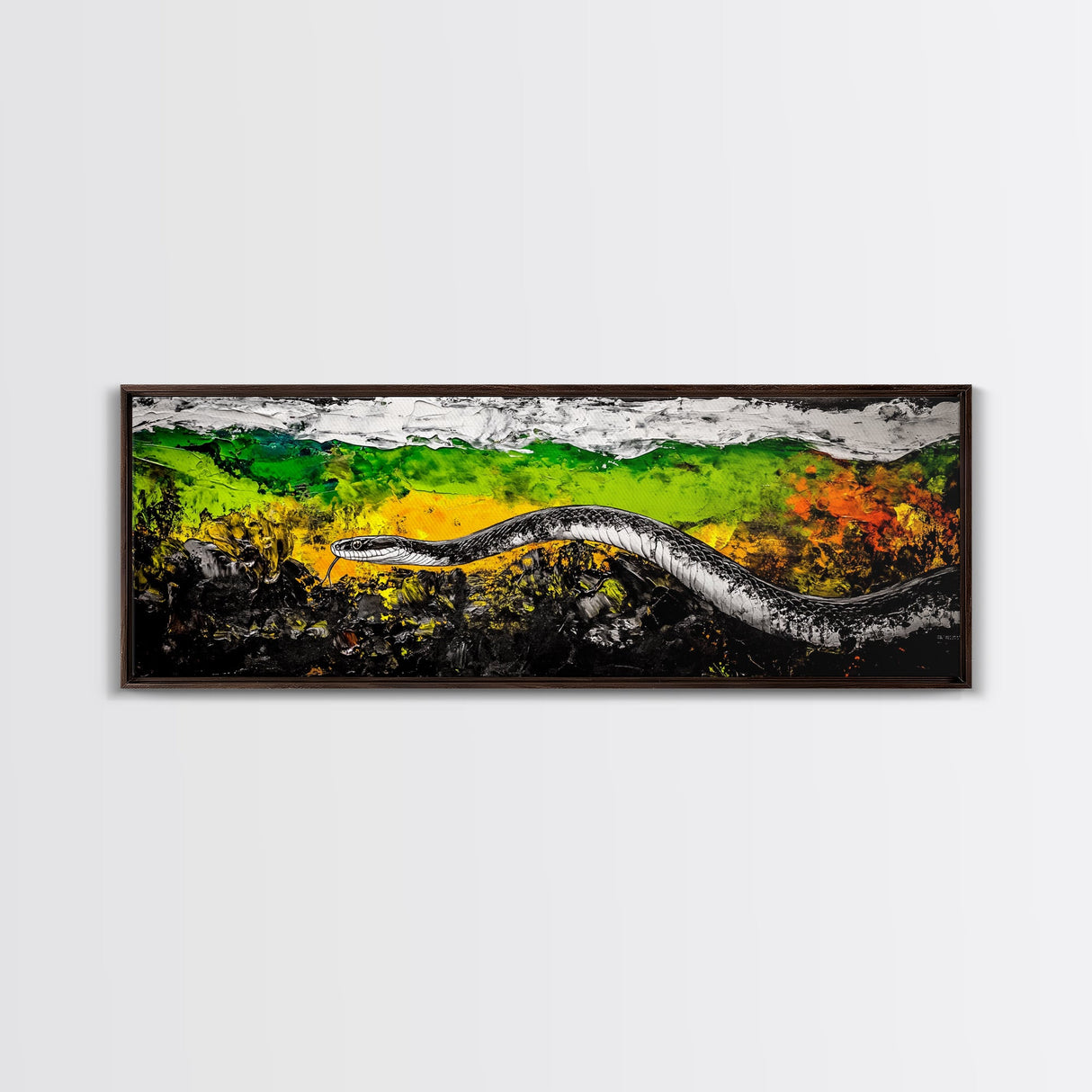 Abstract Snake, Vibrant Reptile Art, Jungle Theme, Wildlife Painting, Green and Yellow, Bold Nature Print, Framed Canvas Print