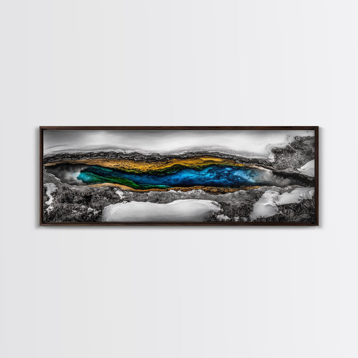 Hot Spring, Geothermal Pool Art, Abstract Nature, Deep Blue and Gold, Black and White Contrast, Unique Wall Decor, Framed Canvas Print