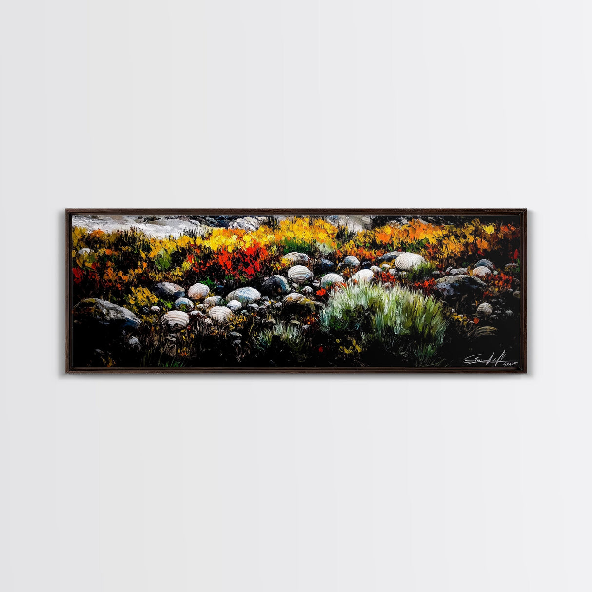 Rocky Shoreline, Wildflowers, Coastal Landscape, Framed Canvas Print, Autumn Beach Scene, Rustic Nature Painting, Entryway Wall Art