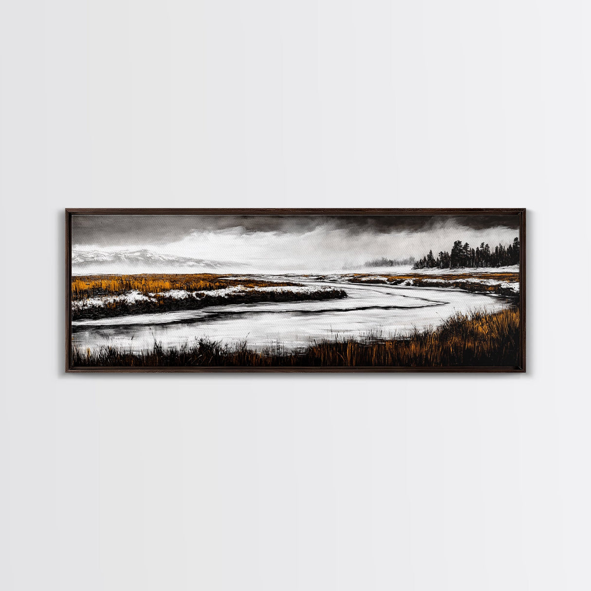 Snowy River Artwork, Mountain Landscape Painting, Rustic Winter Decor, Black and White Wall Art, Nature Print, Living Room Art, Canvas Print