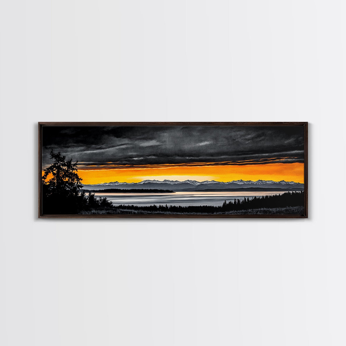 Sunset Over Mountains, Dramatic Landscape Art, Black and Yellow Wall Art, Bold Sky Painting, Nature Print, Office Wall Decor, Framed Canvas Prin