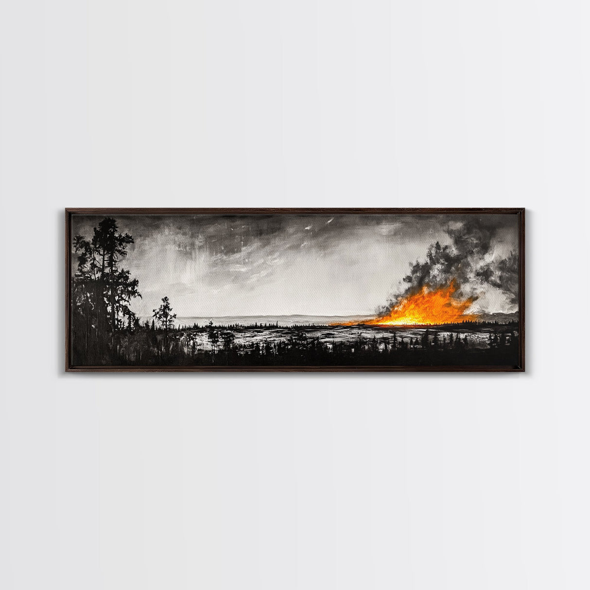 Wildfire Horizon, Dramatic Nature Art, Wilderness Wall Decor, Canvas Print, Black and White Art, Abstract Fire Painting, Rustic Home Art