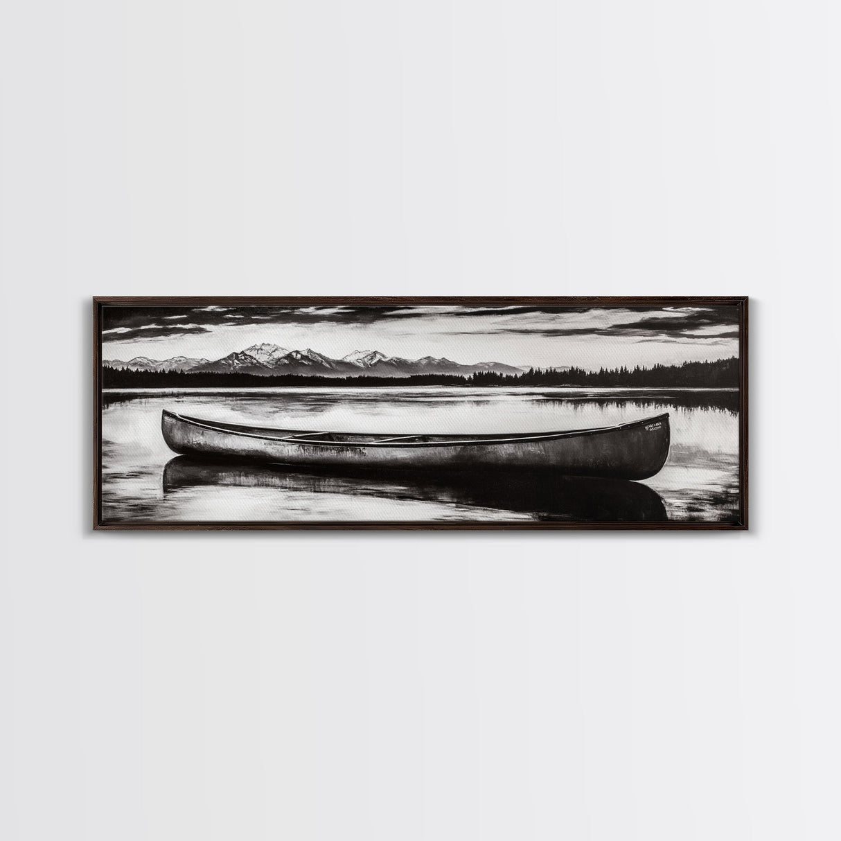 Mountain Reflections, Canoe Art, Wilderness Wall Decor, Canvas Print, Black and White Landscape, Lake House Art, Rustic Cabin Art