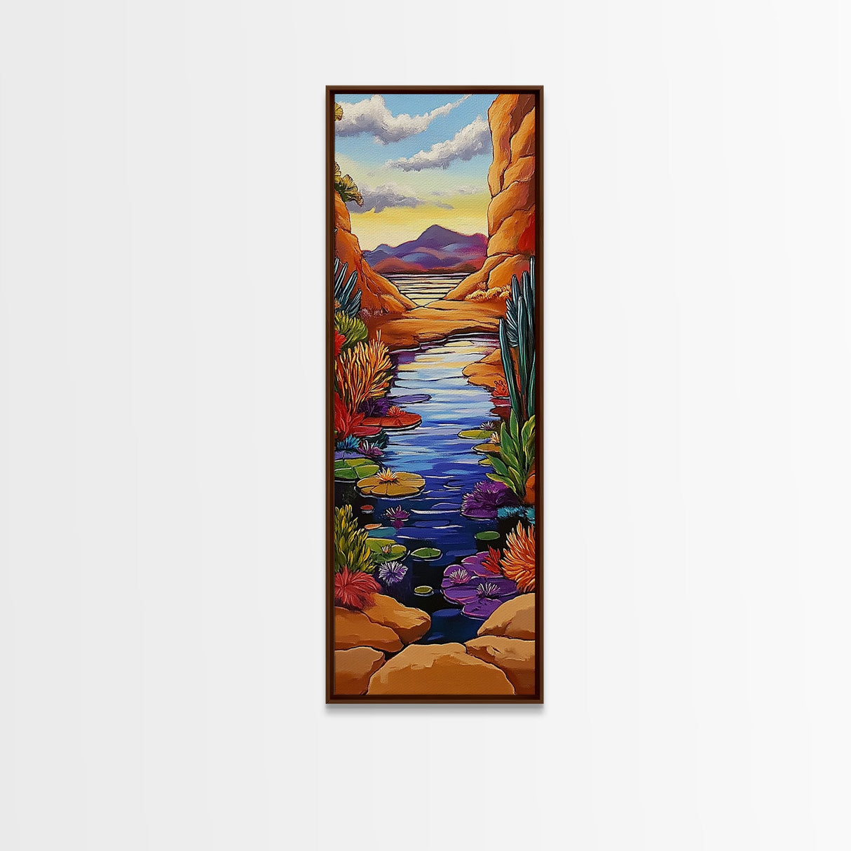 Pond Lilies, Canyon Scene, Framed Canvas Print, colorful lily pond canyon art, desert blooms, bold nature painting, dining room wall art