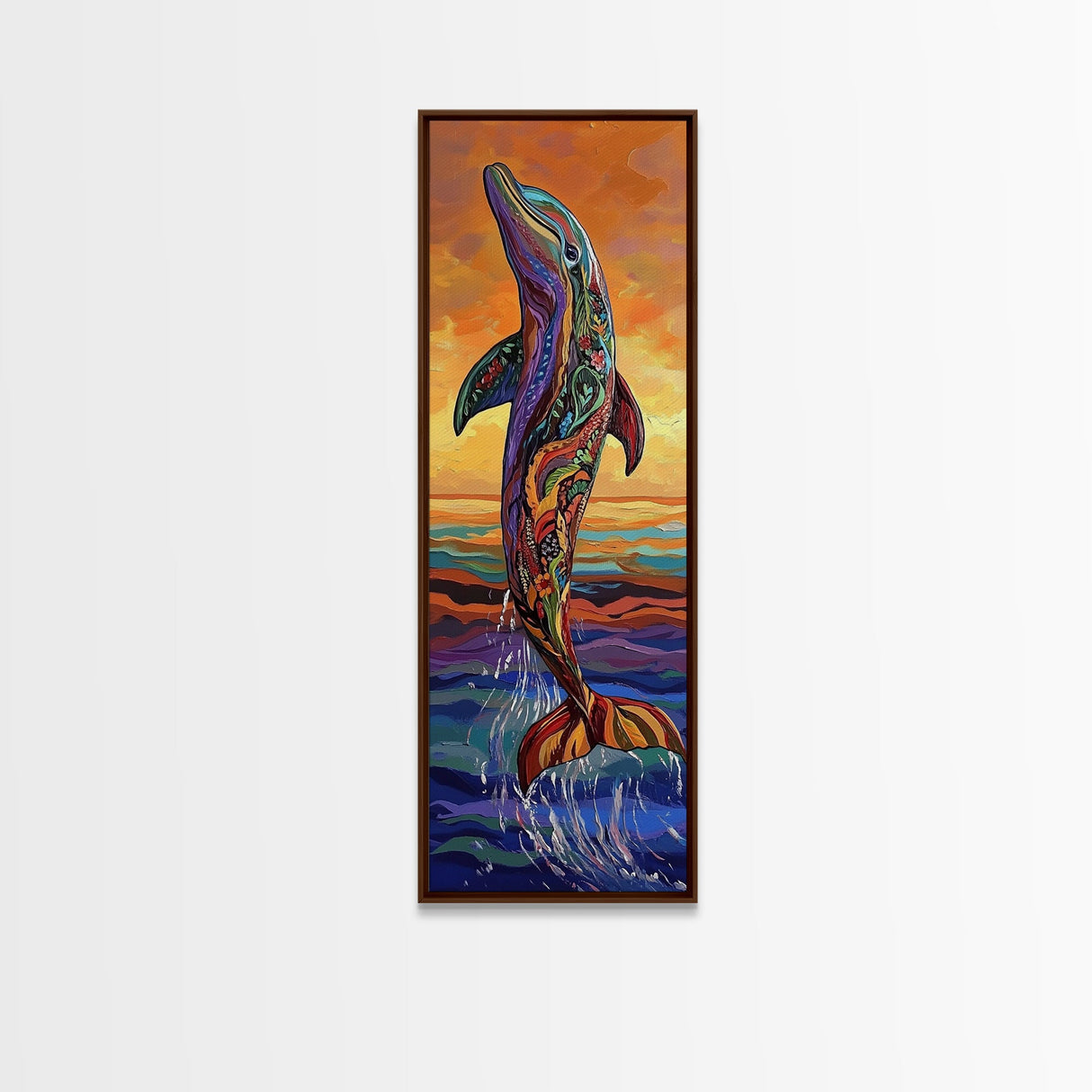 Dolphin Ocean, Sunset Splash, Vibrant marine wall decor Framed Canvas Print, colorful coastal boho art, beach house wall art