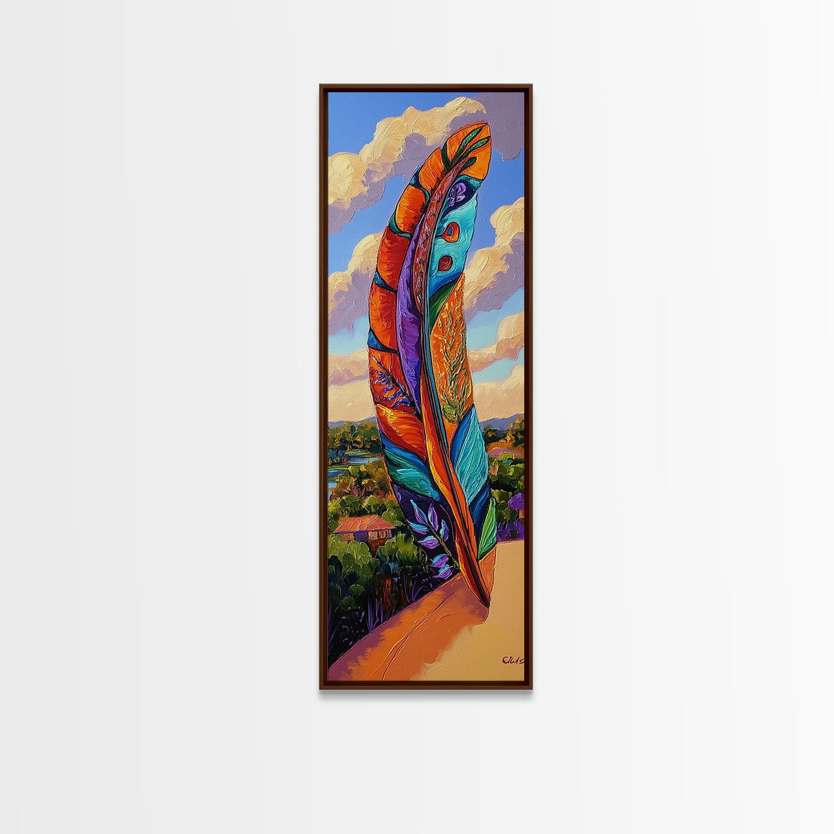 Feather Sky, Tribal Colorful, Bold feather landscape Framed Canvas Print, boho chic wall art, meditation room wall decor