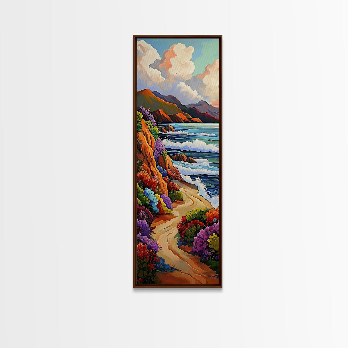 Ocean Cliffside, Wildflowers Path, Canvas Print colorful coastal path painting, vibrant nature landscape, modern beach art, kitchen wall decor