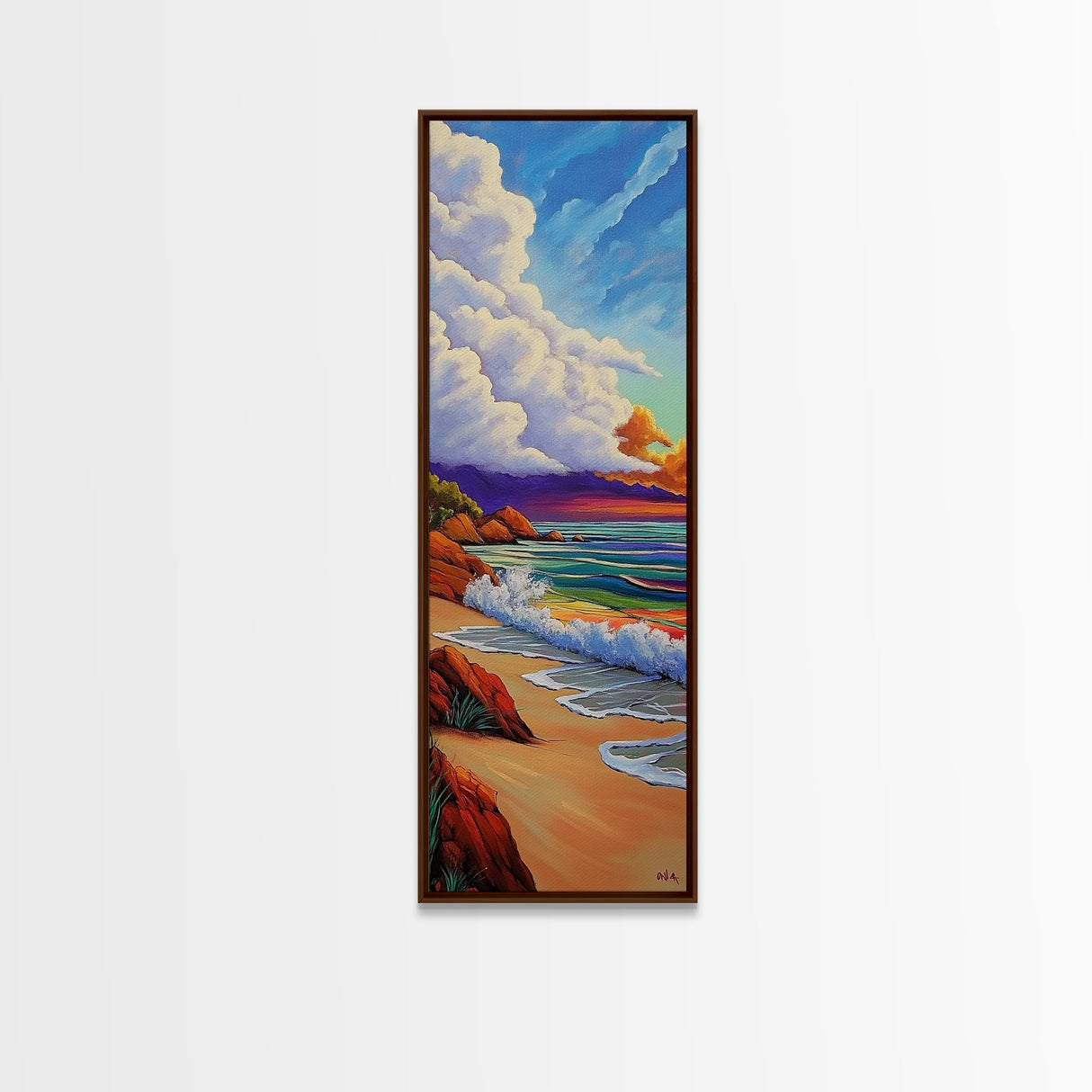 Peaceful Shoreline, Colorful Sunset, Framed Canvas Print ocean waves art, colorful sunset beach painting, vibrant sky seascape, nature art