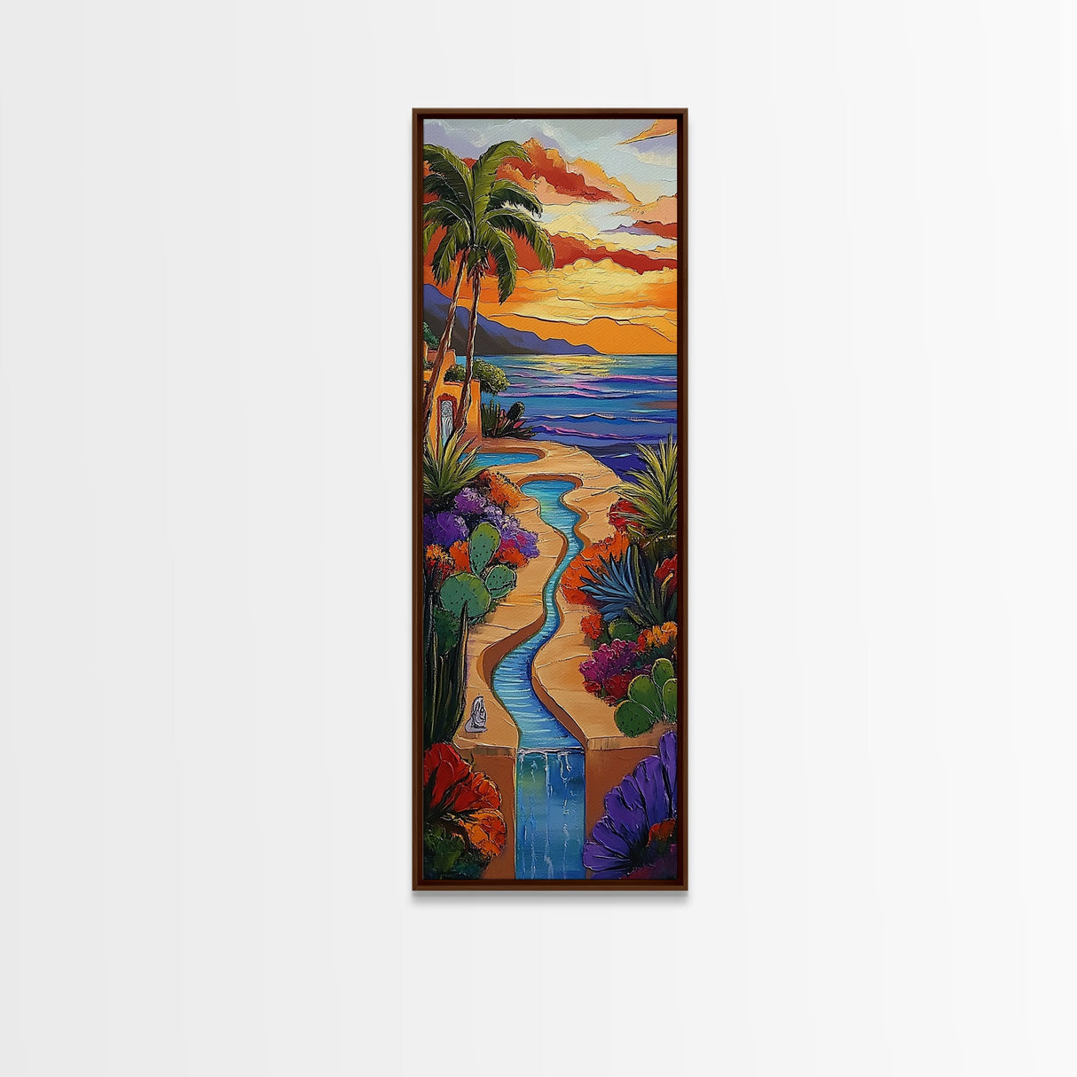 Sunset, Palms, Cactus, Stream - Framed Canvas Print, Tropical Desert Wall Art, Southwest Coastal Decor, Colorful Living Room Boho Painting
