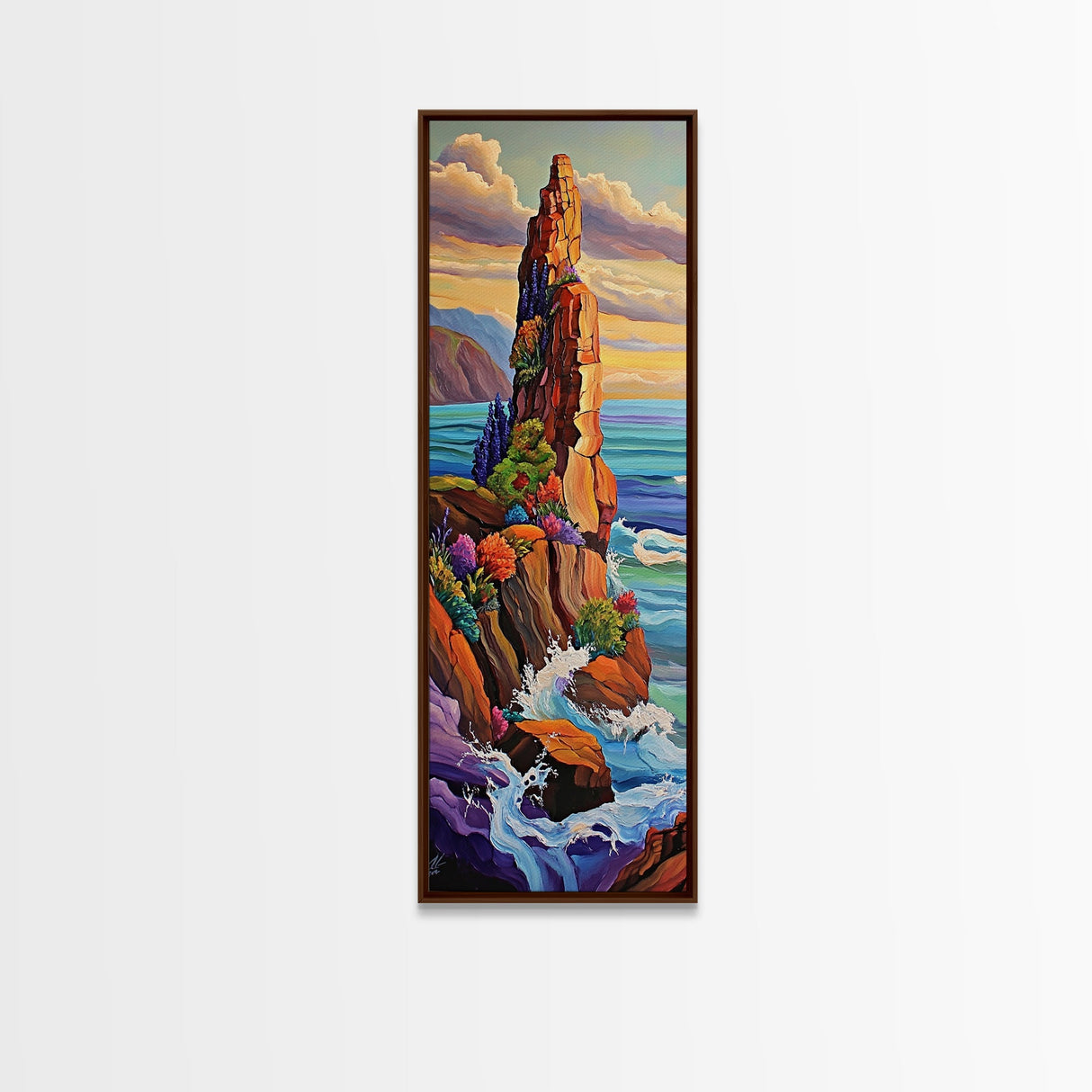 Cliff, Ocean, Wildflowers, Waves, Framed Canvas Print, Coastal nature wall art, vibrant landscape decor, colorful living room painting