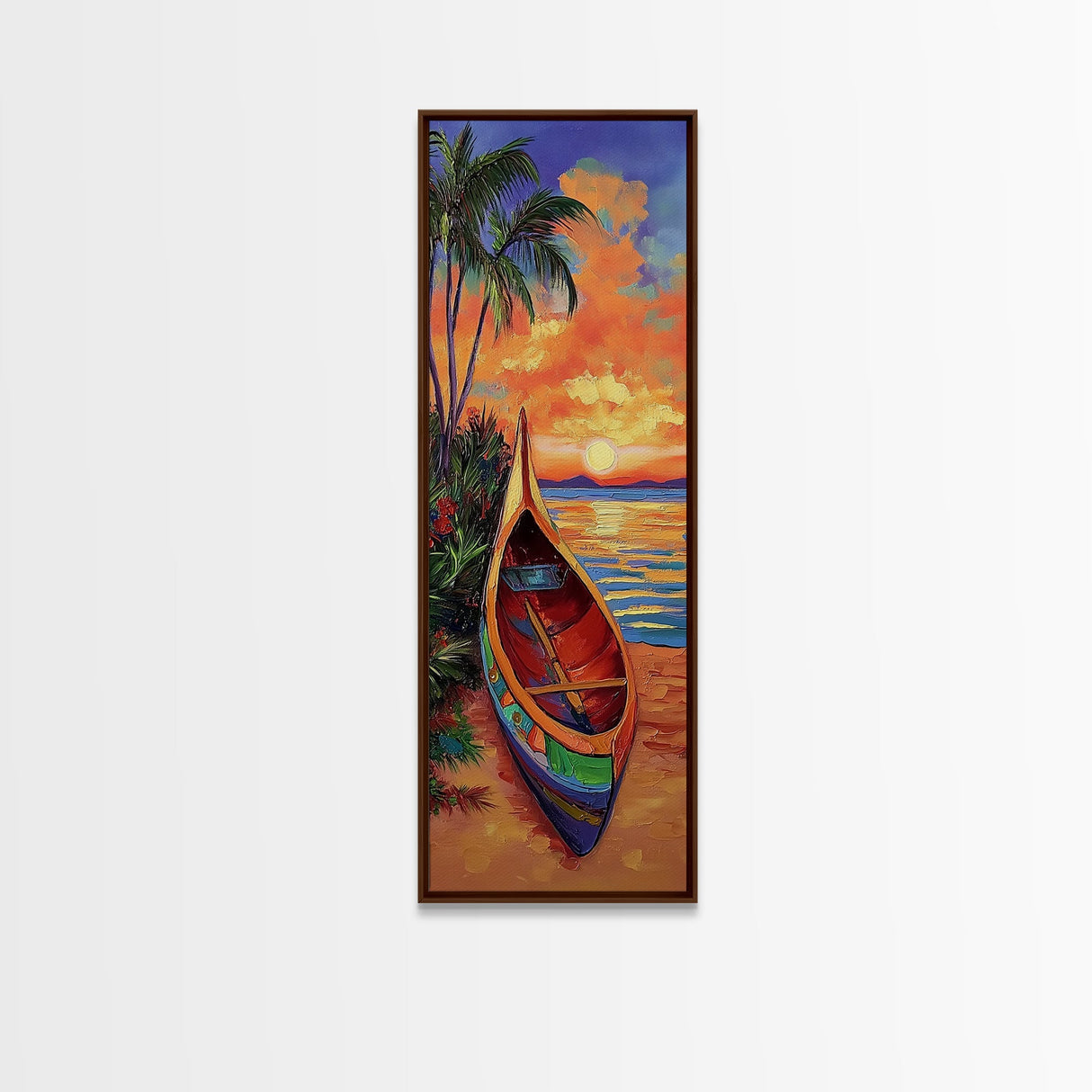 Sunset, Boat, Beach, Tropical, Framed Canvas Print, coastal boat painting, beach wall art, living room decor, colorful sunset, nautical art