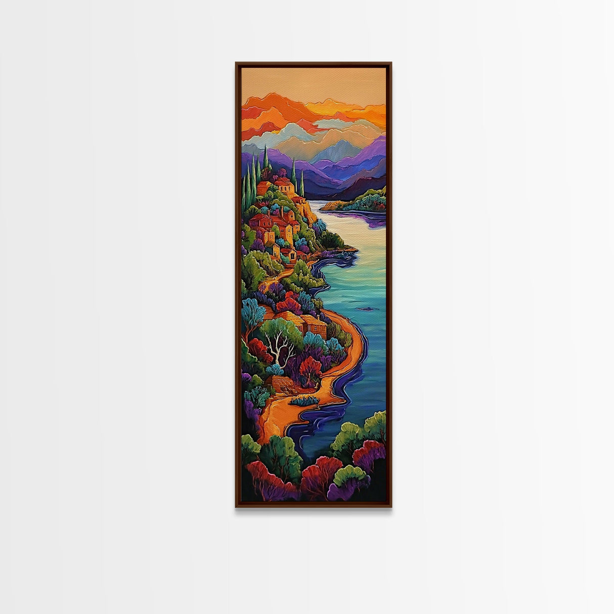 Village, Hillside, Autumn, Mediterranean, Framed Canvas Print, Mediterranean village painting, Fall landscape decor, vibrant hillside town art