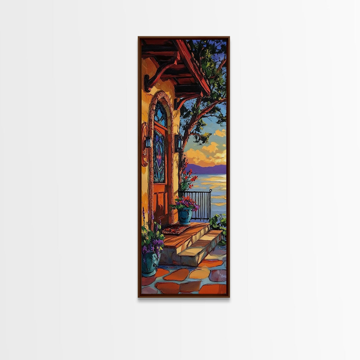 Doorway, Ocean, Mediterranean, Flowers, Framed Canvas Print, Mediterranean doorway wall art, ocean view canvas print, flower entryway painting