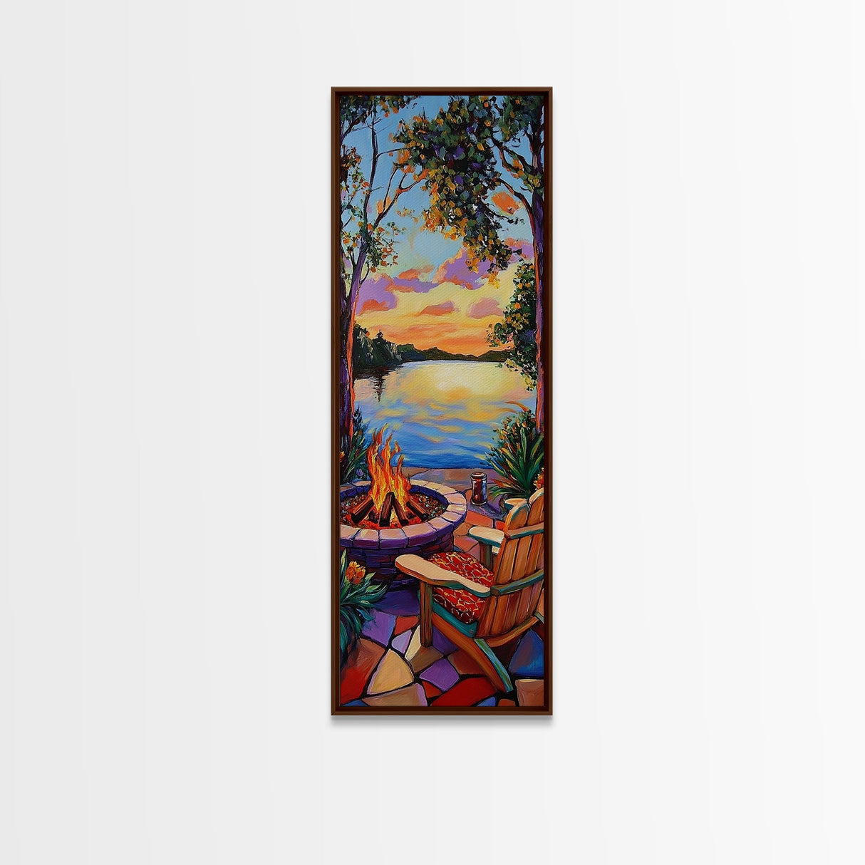 Campfire, Sunset, Retreat, Outdoors, Framed Canvas Print, Cozy Patio Wall Art, Autumn Landscape Decor, Rustic Cabin Vibes, Warm Living Room Art