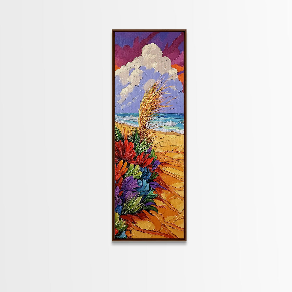 Ocean, Sand, Florals, Bold, Framed Canvas Print vibrant beach floral wall art coastal boho painting living room decor tropical gift idea