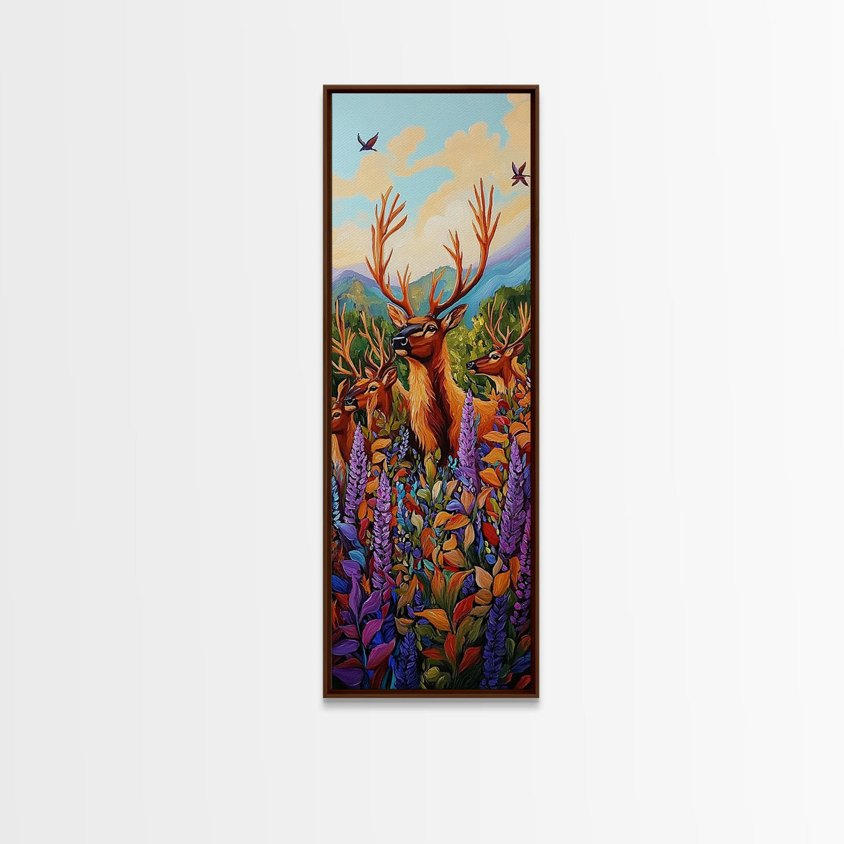 Elk, Meadow, Nature, Art, Framed Canvas Print featuring deer herd in wildflowers, cozy lodge style, Autumn cabin decor, rustic wall art