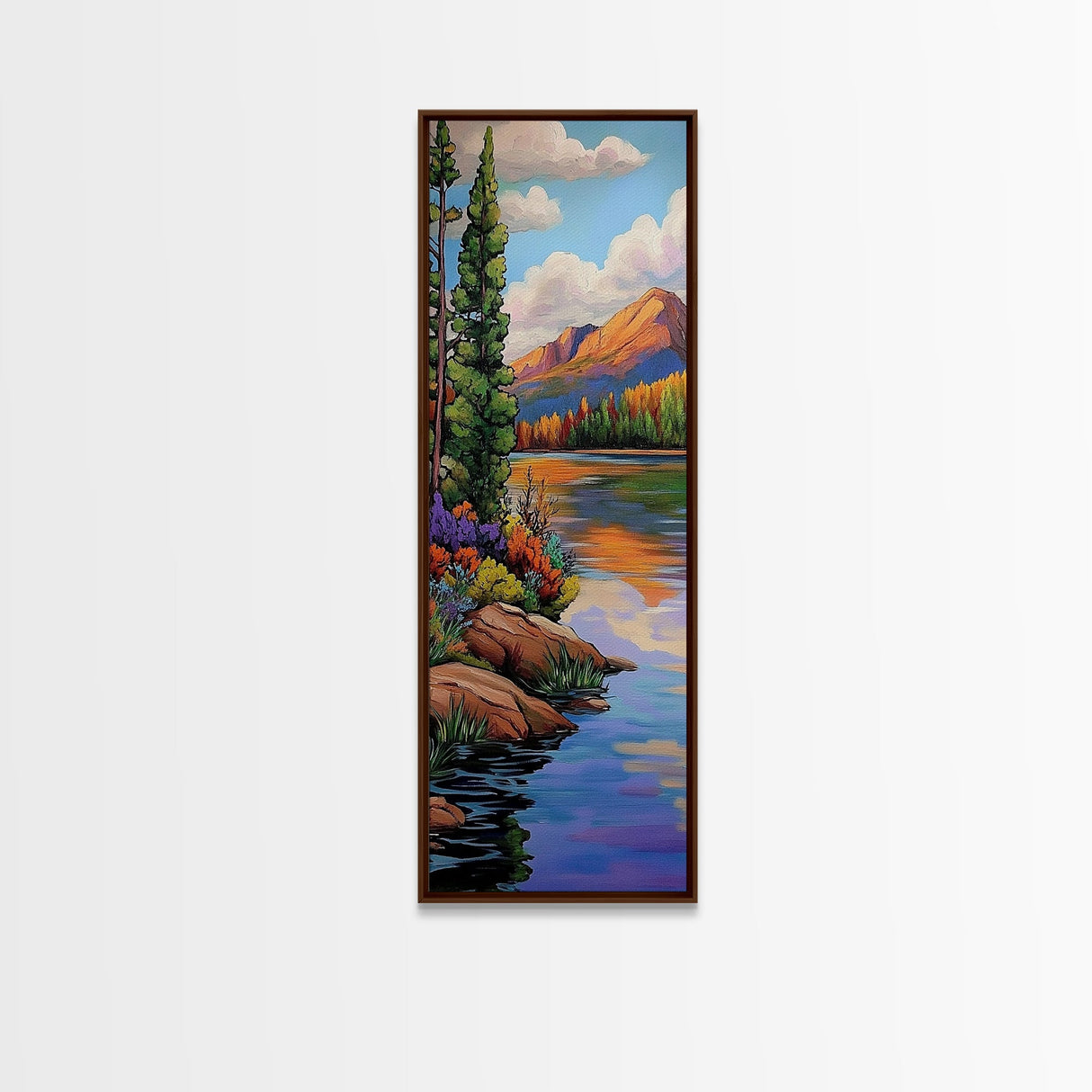 Autumn, Pines, Lake, Serenity, Framed Canvas Print with fall forest reflection, rustic cabin decor, cozy living room art, woodland scene