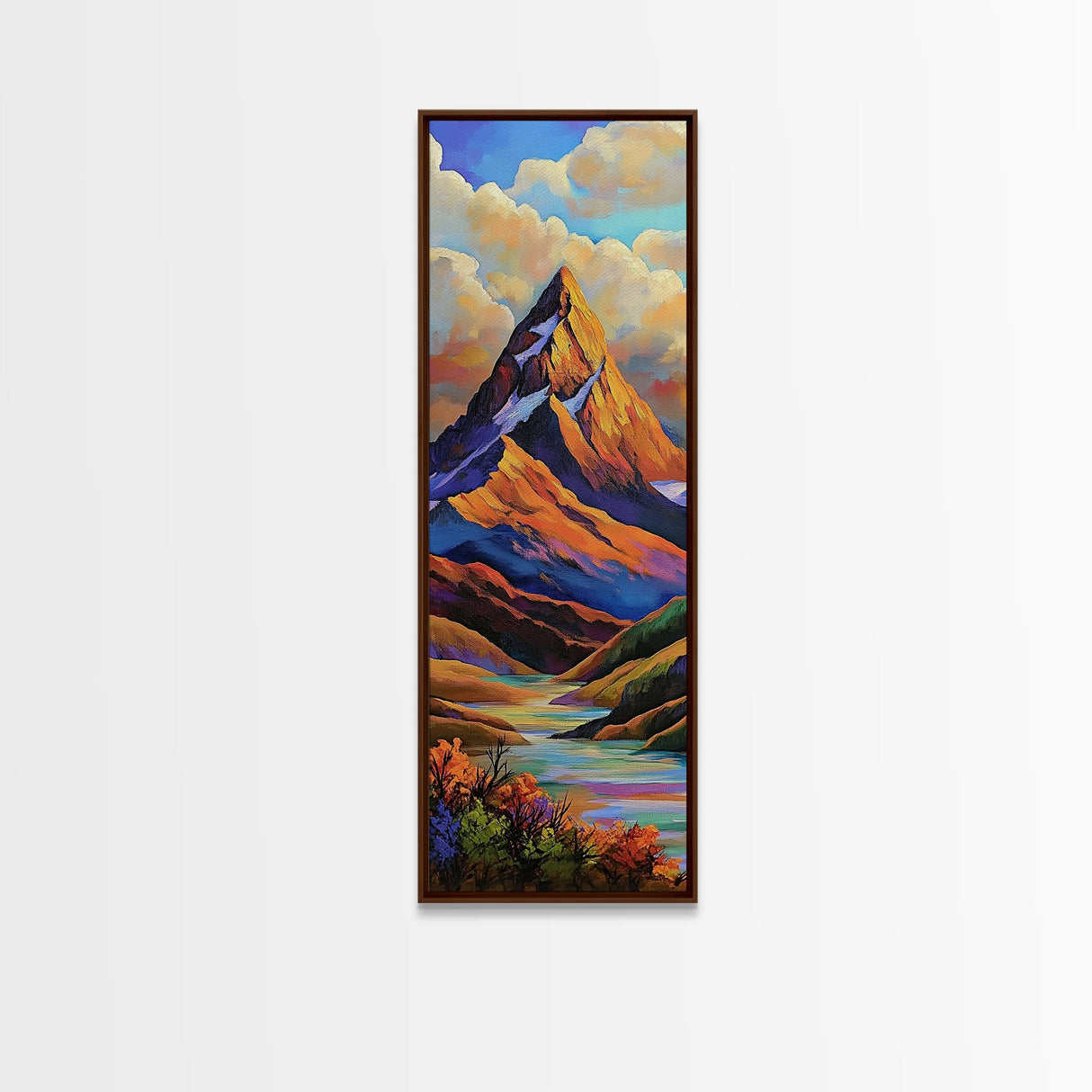 Majestic, Peak, River, Valley, Framed Canvas Print with dramatic alpine scenery, rustic lodge wall decor, fall landscape, nature art