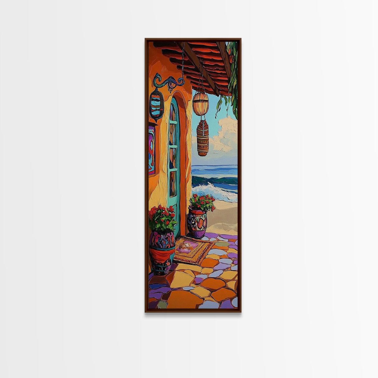 Porch, Beach, Pottery, Ocean, Canvas Print, Coastal Kitchen Wall Art, Warm Beachfront Decor, Vibrant Boho Mexican Style