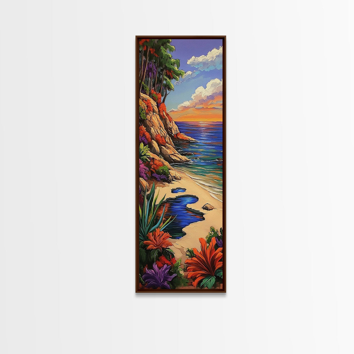 Secluded Beach, Tropical Cliffs, Colorful Coastal Nature Art, Summer Getaway Style, Ocean View Decor, Framed Canvas Print