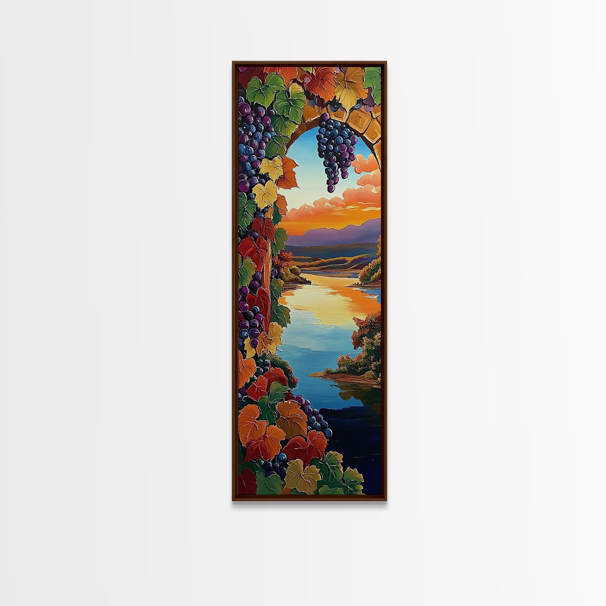 Grapevine Sunset, River, Wine Country Landscape Framed Canvas Print, Kitchen Wall Art, Autumn Boho Decor, Colorful Vineyard Scene
