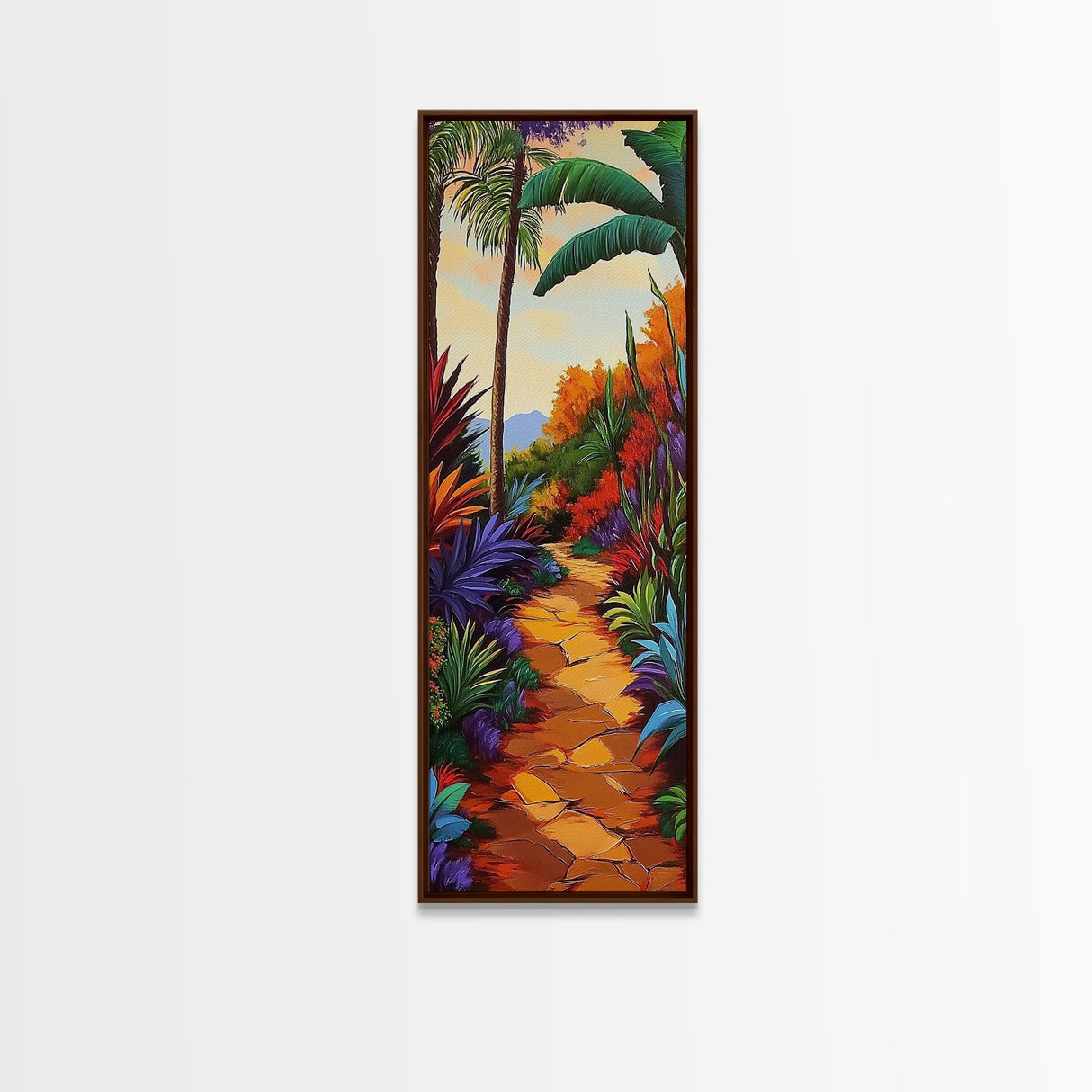 Tropical Pathway, Palms, Jungle Walkway Framed Canvas Print, Bohemian Wall Art, Bedroom Botanical Decor, Vibrant Nature Illustration