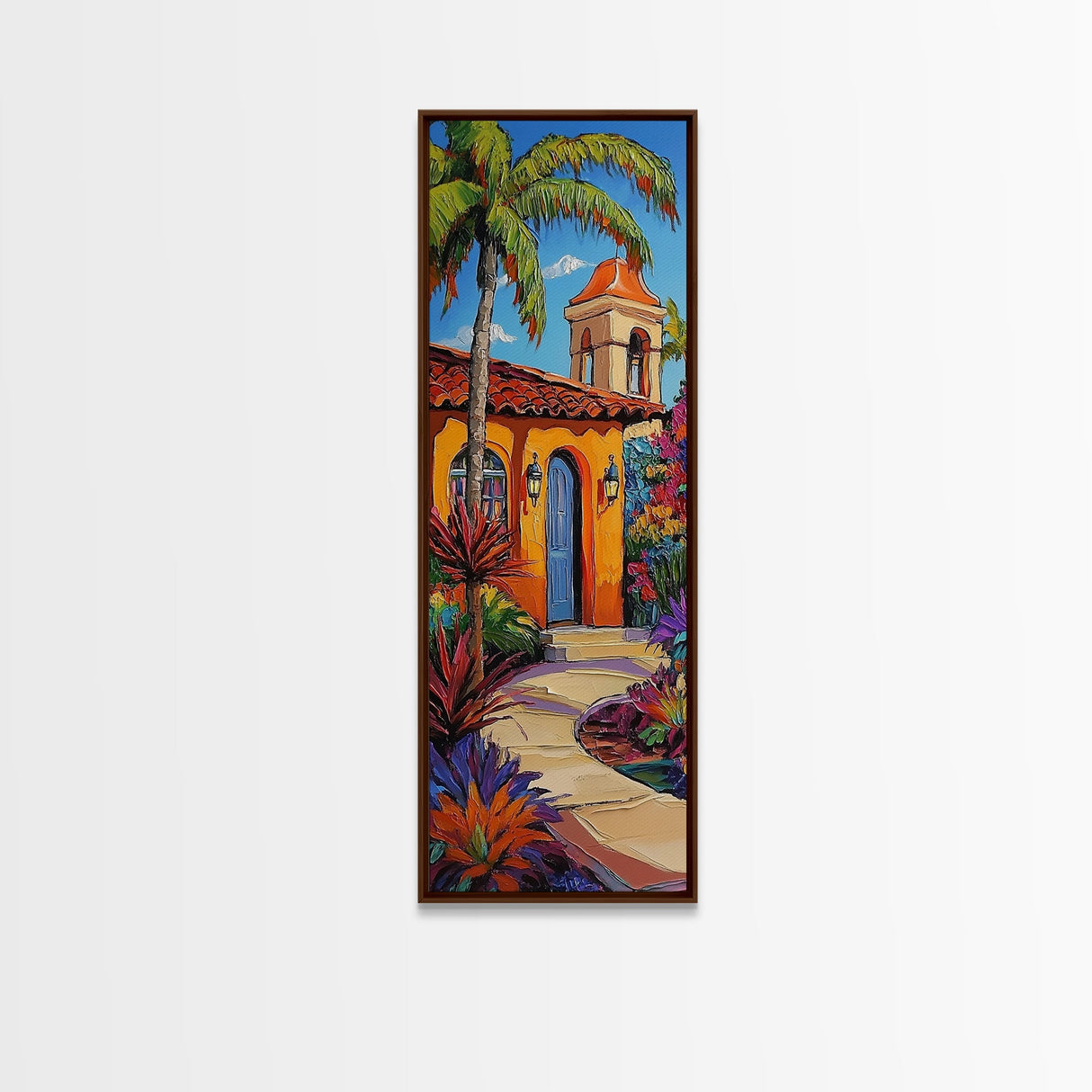 Spanish Villa, Garden, Tropical House Framed Canvas Print, Southwestern Wall Decor, Vibrant Living Room Art, Colorful Home Scene