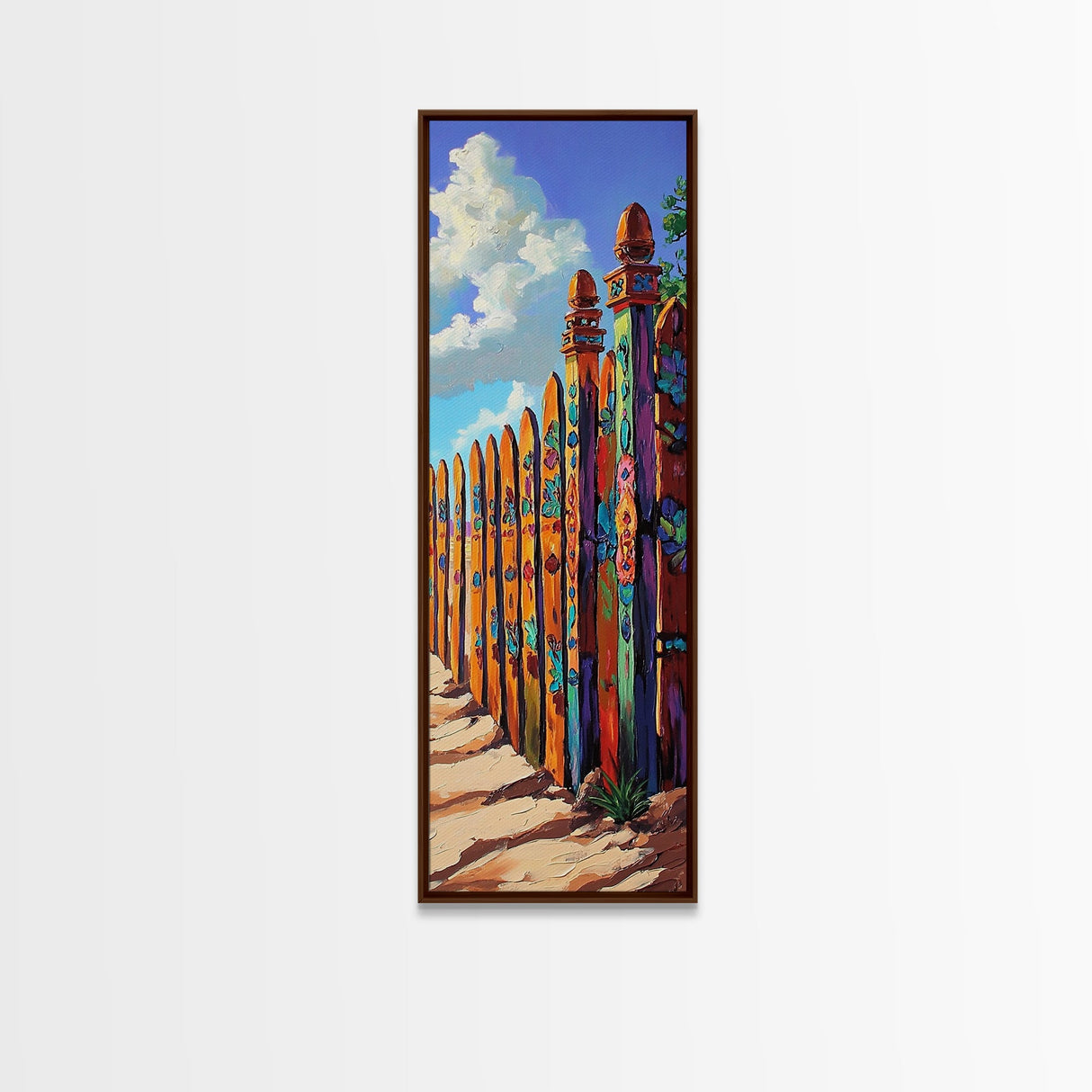 Fence Desert, Colorful, Southwest Boho Vibes Framed Canvas Print, Rustic Living Room Art, Eclectic Wall Decor, Vibrant Folk Style