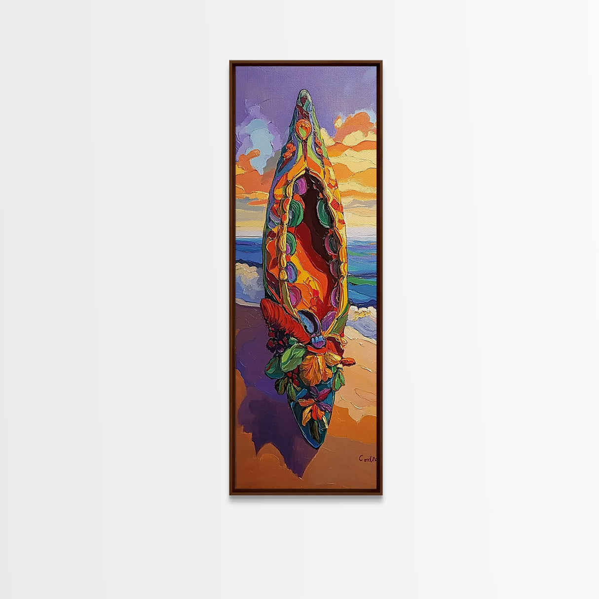 Canoe Beach, Sunset, Vibrant Boat Art Framed Canvas Print, Coastal Wall Decor, Tropical Living Room Art, Colorful Boho Adventure Scene