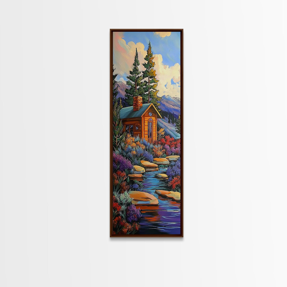 Mountain Cabin, Forest Path, Autumn Escape, Framed Canvas Print, cozy fall cabin wall art, rustic lodge decor, nature inspired artwork