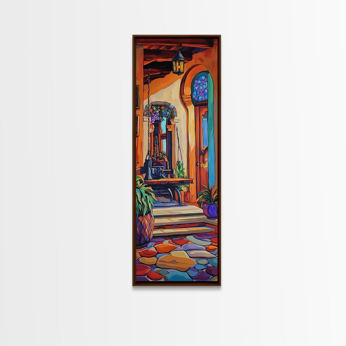 Spanish Rustic Courtyard Art, Framed Canvas Print vibrant Mexican home decor, boho kitchen wall art, hacienda inspired, warm earthy tones
